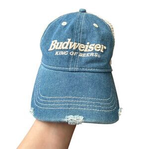Budweiser American Eagle Ripped Denim Baseball Dad Cap EUC Hat Talladega Racecar